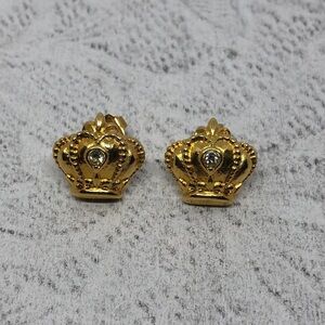 Gold tone royal crown rhinestone post stud earrings.